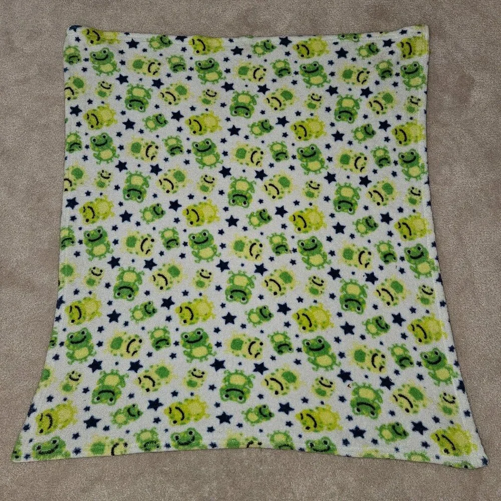 Cutie Pie Green Frog Fleece Baby Blanket Lovey Boy Girl Blue Star READ AS IS